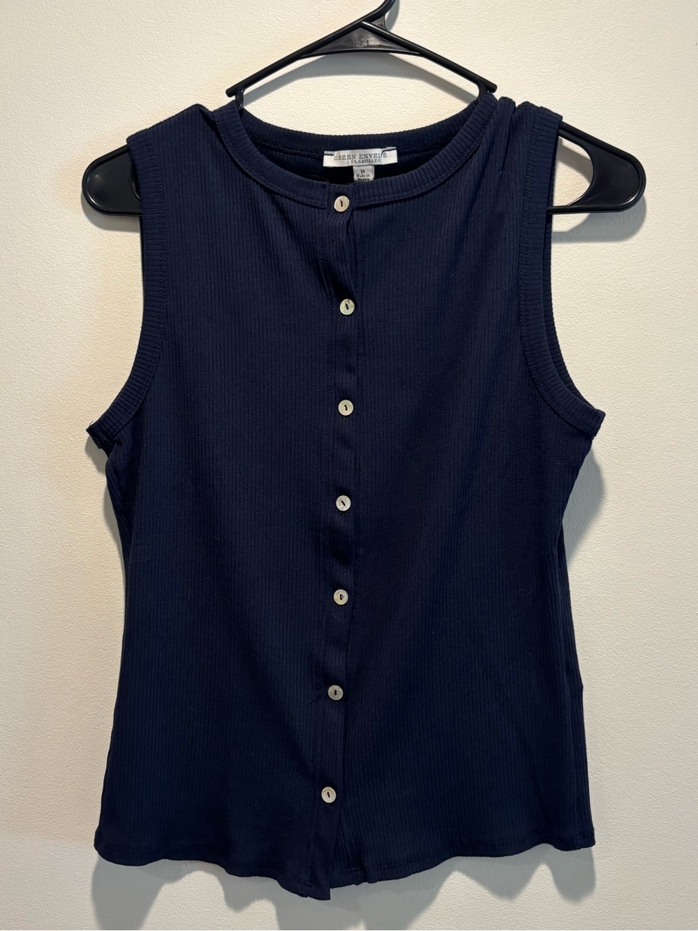 Green Envelope Navy Ribbed Button-Front Tank